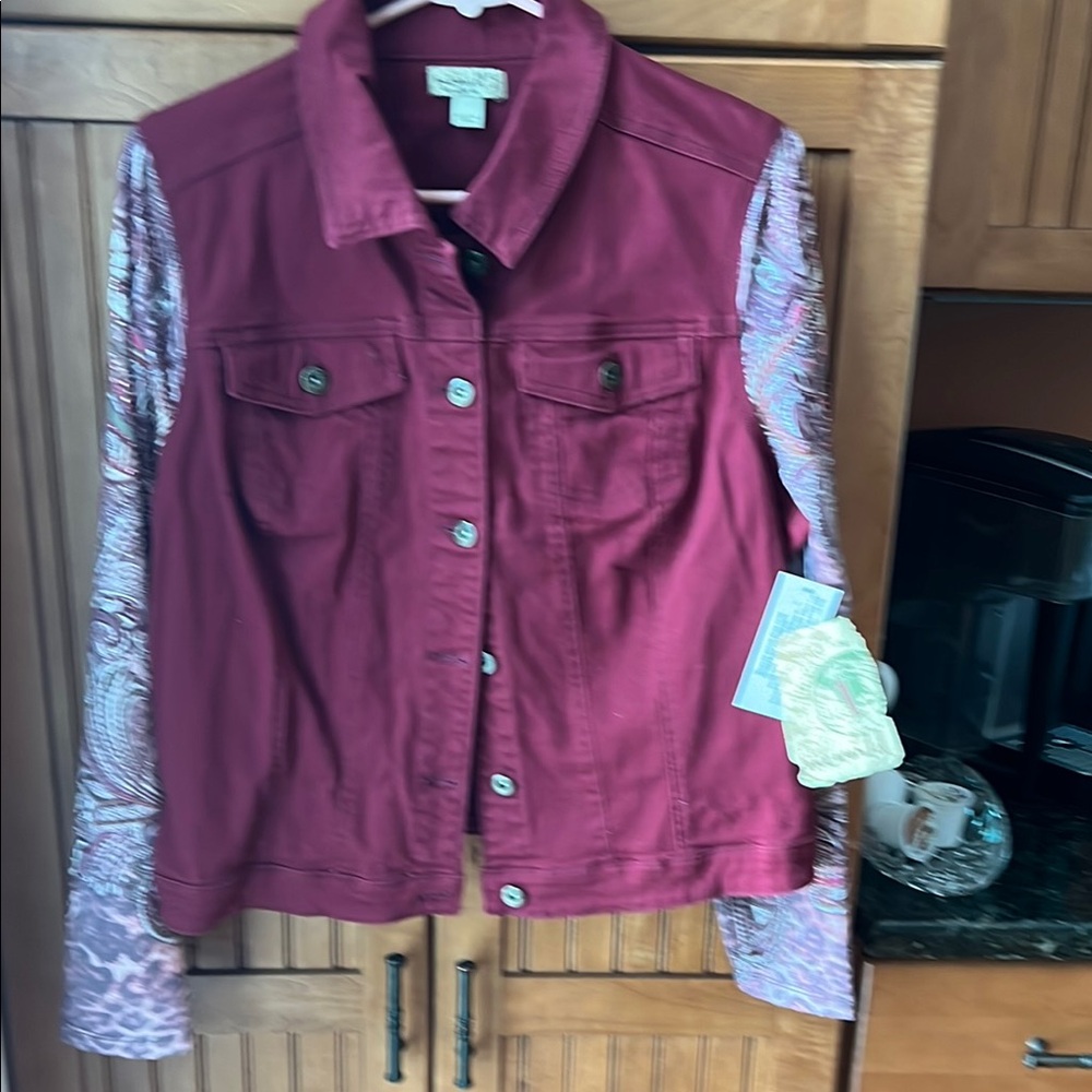ONE WORLD Red and Pink Jean Jacket Classic Denim Style